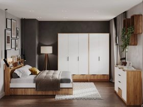 Модульная спальня Ивис (дуб крафт золотой/белый) в Скале - skala.mebel-nsk.ru | фото